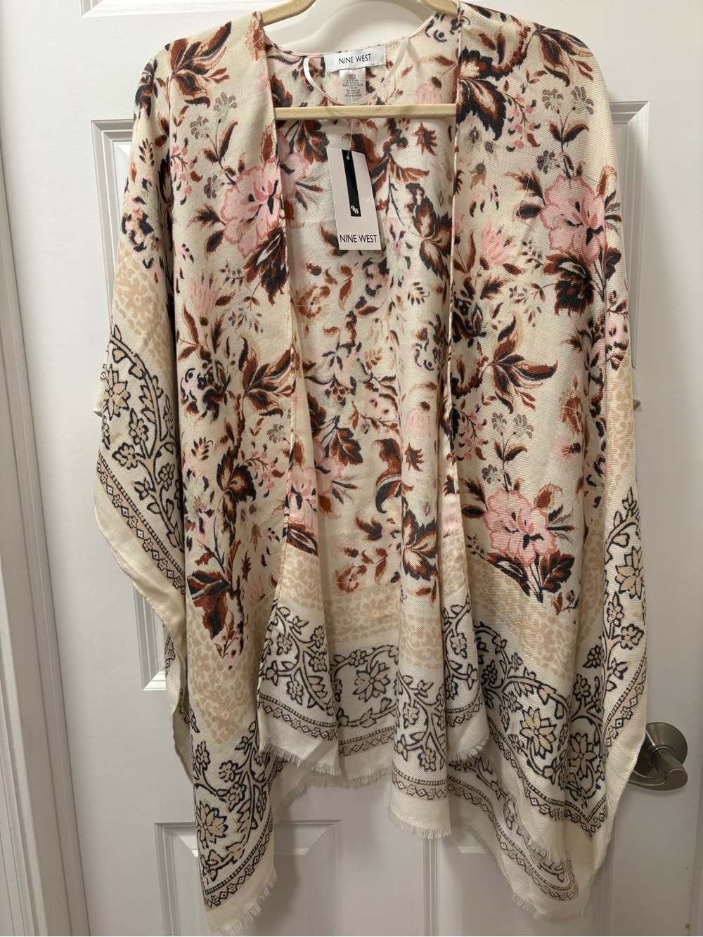 Nine West Cream Floral Open Front Kimona with Pink and Brown Accents - One Size